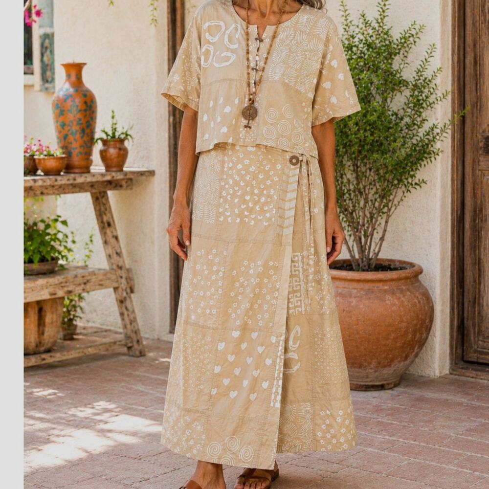 VTG Guana Inc 100% Cotton Patchwork Top & Wrap Skirt Set Boho Lagenlook Artwear